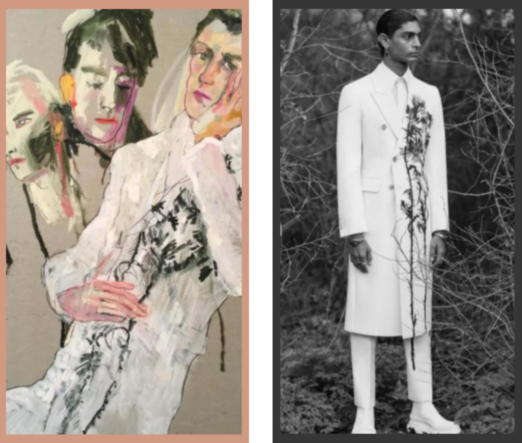 A painting of 3 people on the left. A photo of man standing in a white suit on the right.